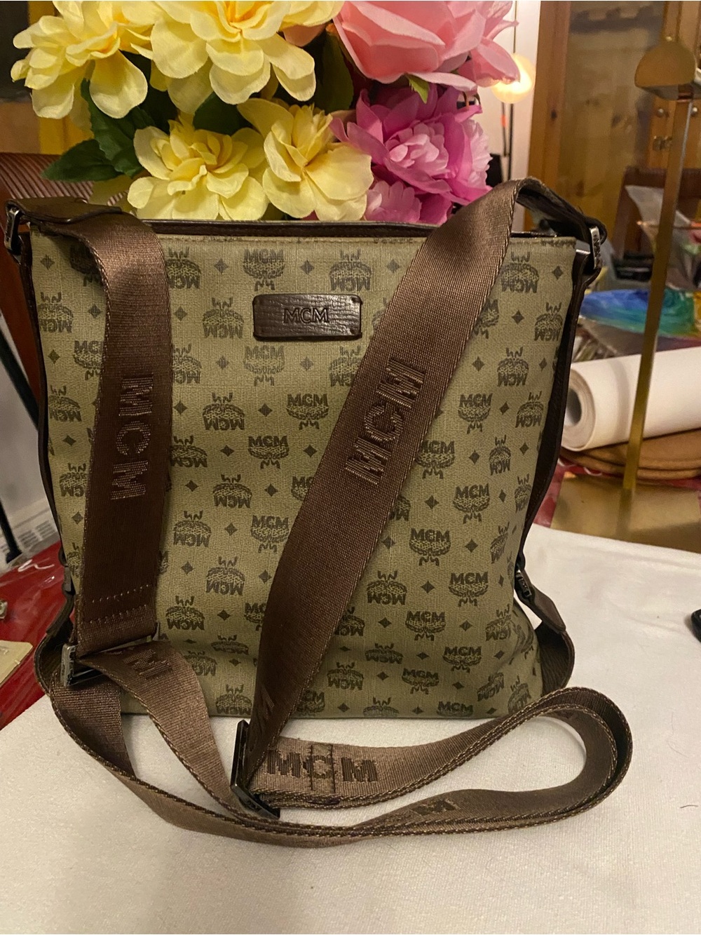 MCM  Logo Canvas Messenger Bag brown strap